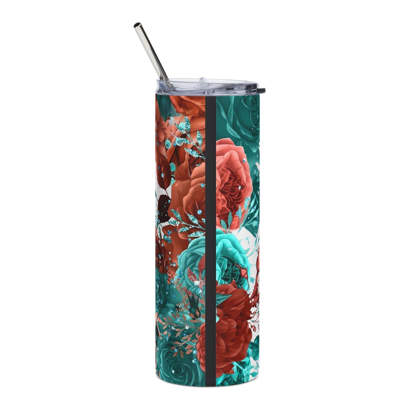 Nursery Floral 20oz Stainless Steel Tumbler — Rose & Teal Vertical Name Design