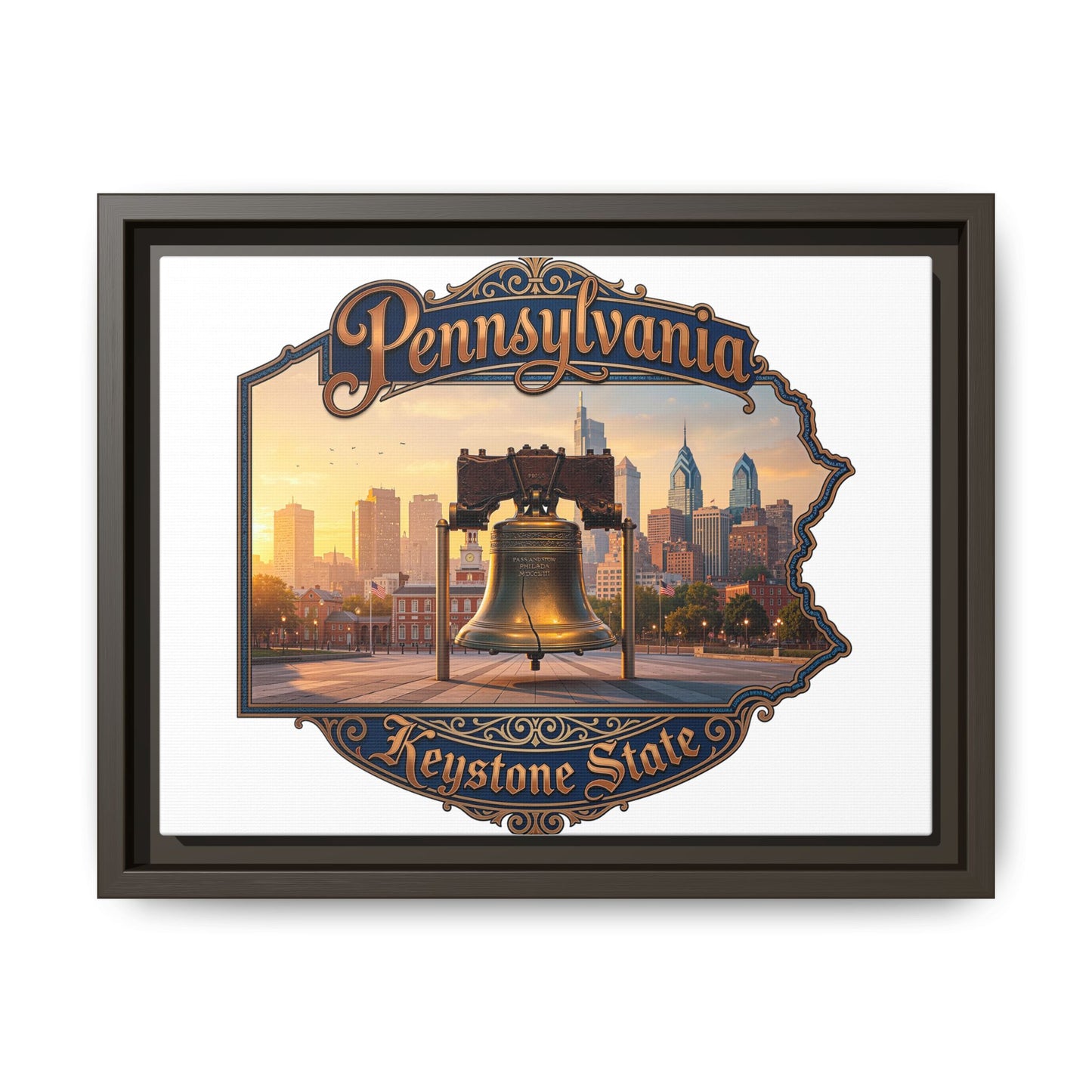 Pennsylvania Keystone State Framed Canvas Wall Art — Liberty Bell & Philadelphia Skyline