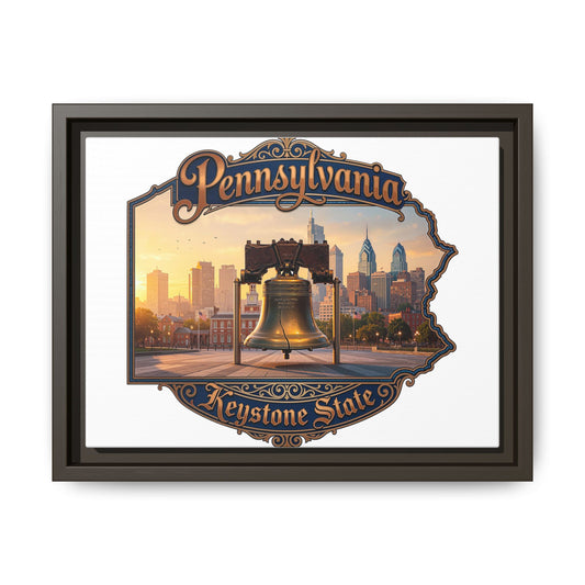Pennsylvania Keystone State Framed Canvas Wall Art — Liberty Bell & Philadelphia Skyline