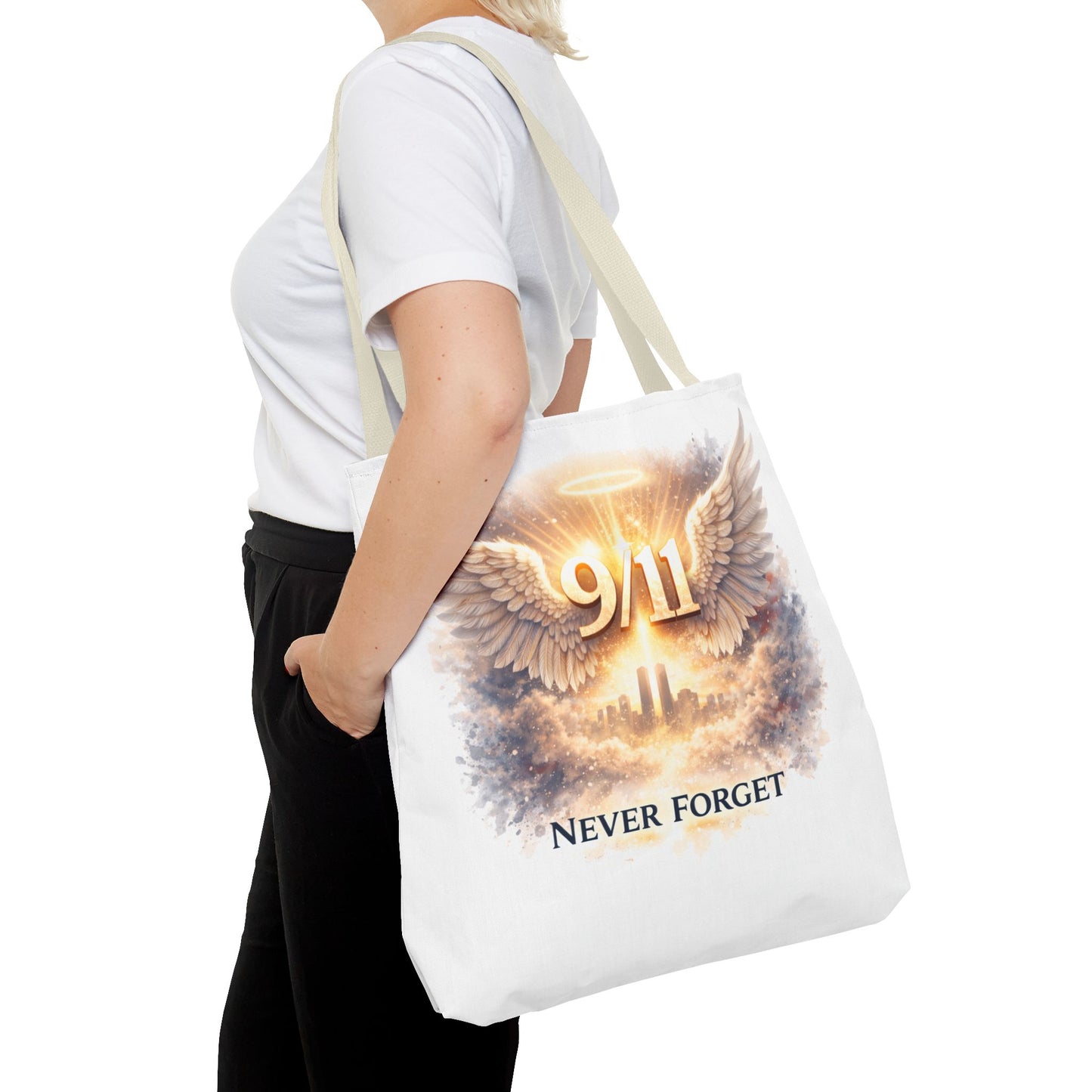 9/11 Memorial Tote Bag – 'Never Forget' Angel Wings Tribute