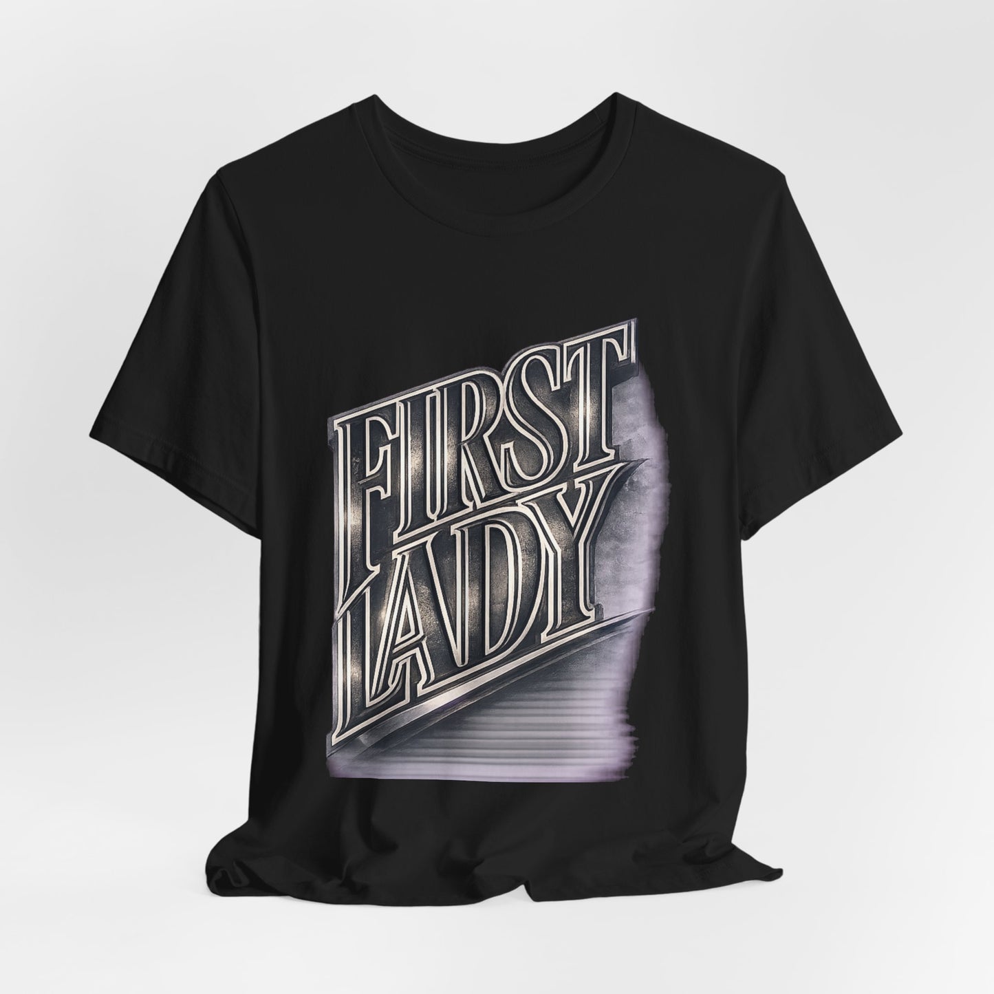 First Lady Graphic Tee — Retro Metallic Script Short Sleeve Shirt