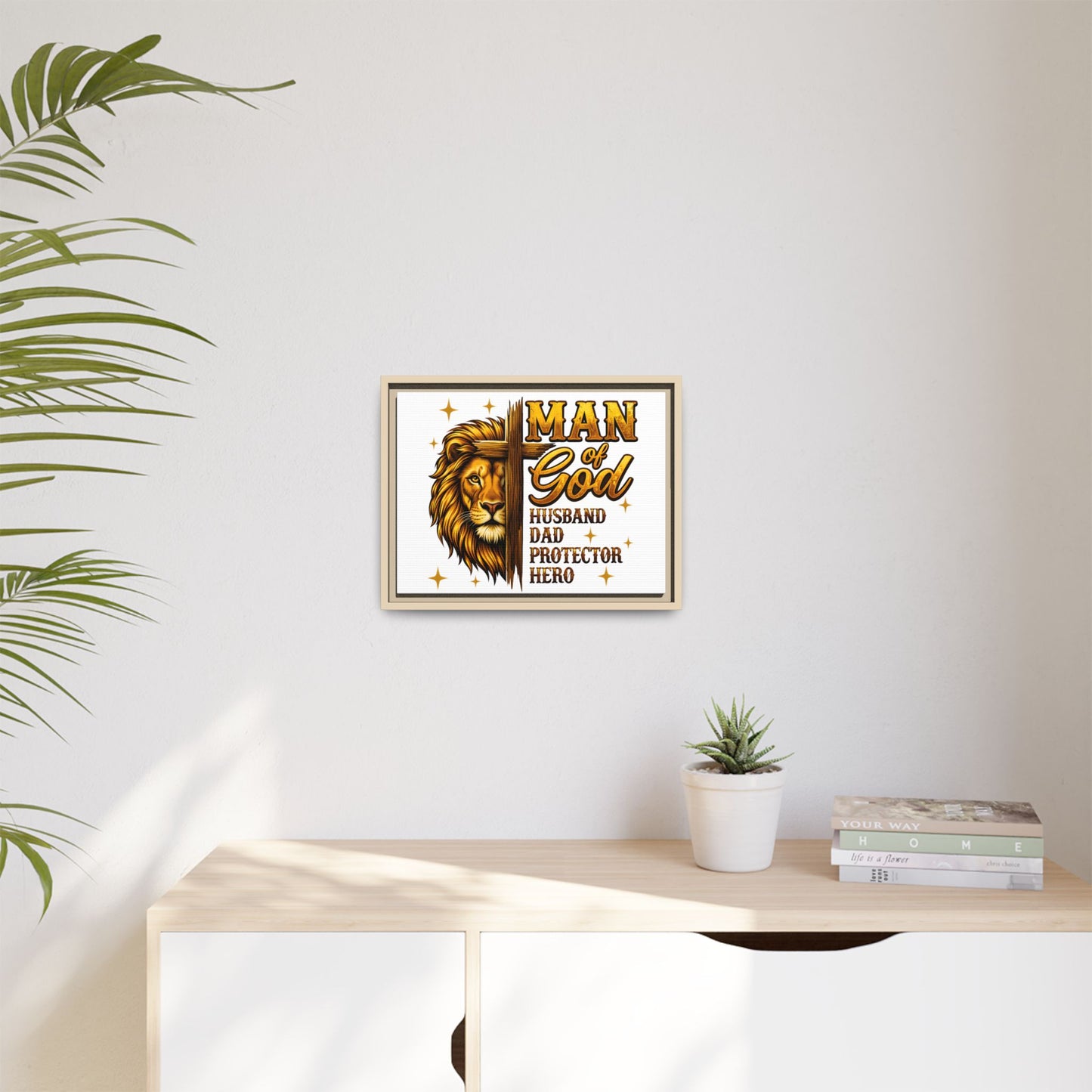 Man of God Framed Canvas Art — 'Man of God: Husband, Dad, Protector, Hero' Religious Wall Decor