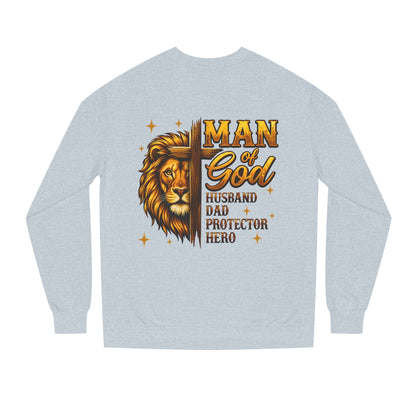 Man of God Sweatshirt — Lion Graphic, "Husband Dad Protector Hero" Faith Pullover