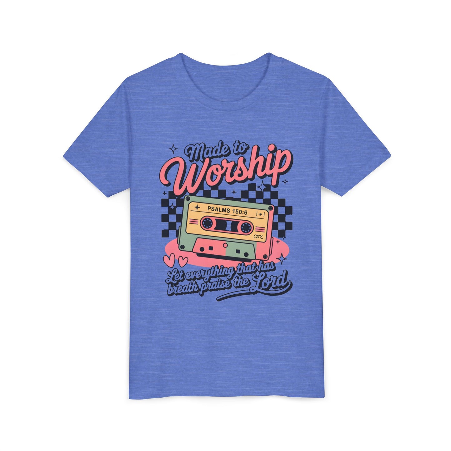 Made to Worship Youth Tee – Retro Cassette Christian Kids Shirt (Psalms 100:4)