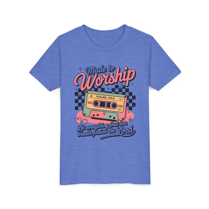 Made to Worship Youth Tee – Retro Cassette Christian Kids Shirt (Psalms 100:4)