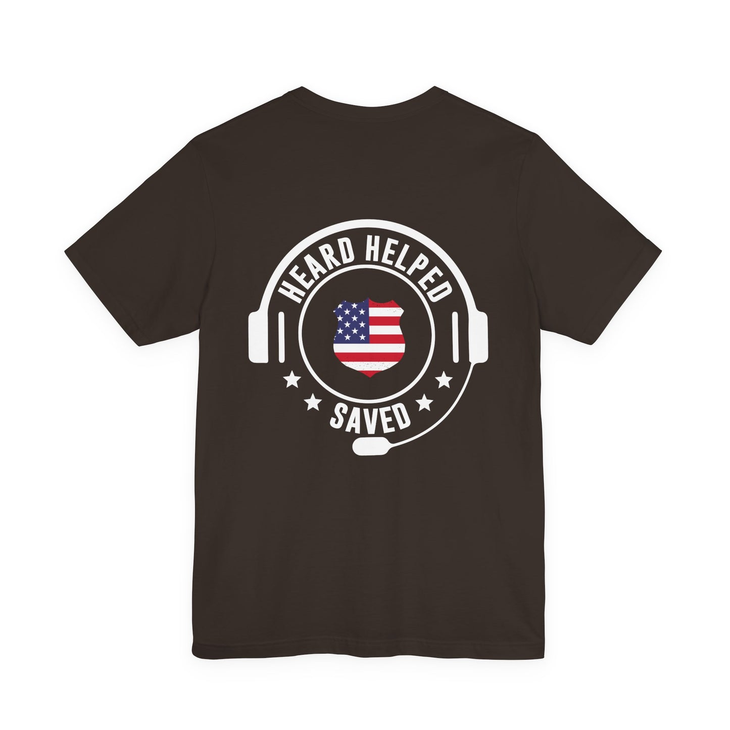 Headset Logo T-Shirt — "Heard Helped Saved" American Flag Design