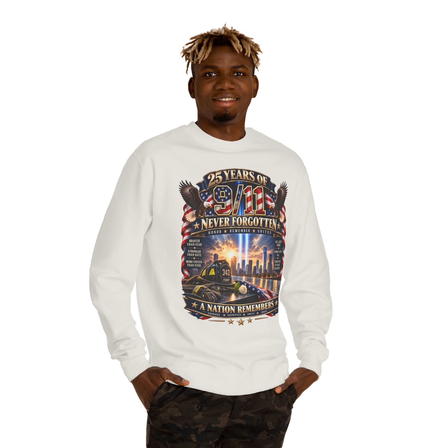 9/11 Memorial Sweatshirt — "25 Years of 9/11 Never Forgotten" Tribute Crewneck