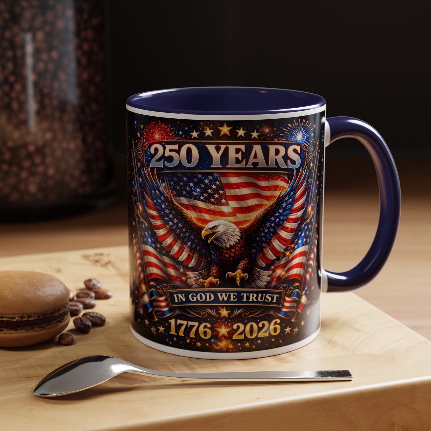 250 Years Patriotic Coffee Mug — In God We Trust 1776–2026