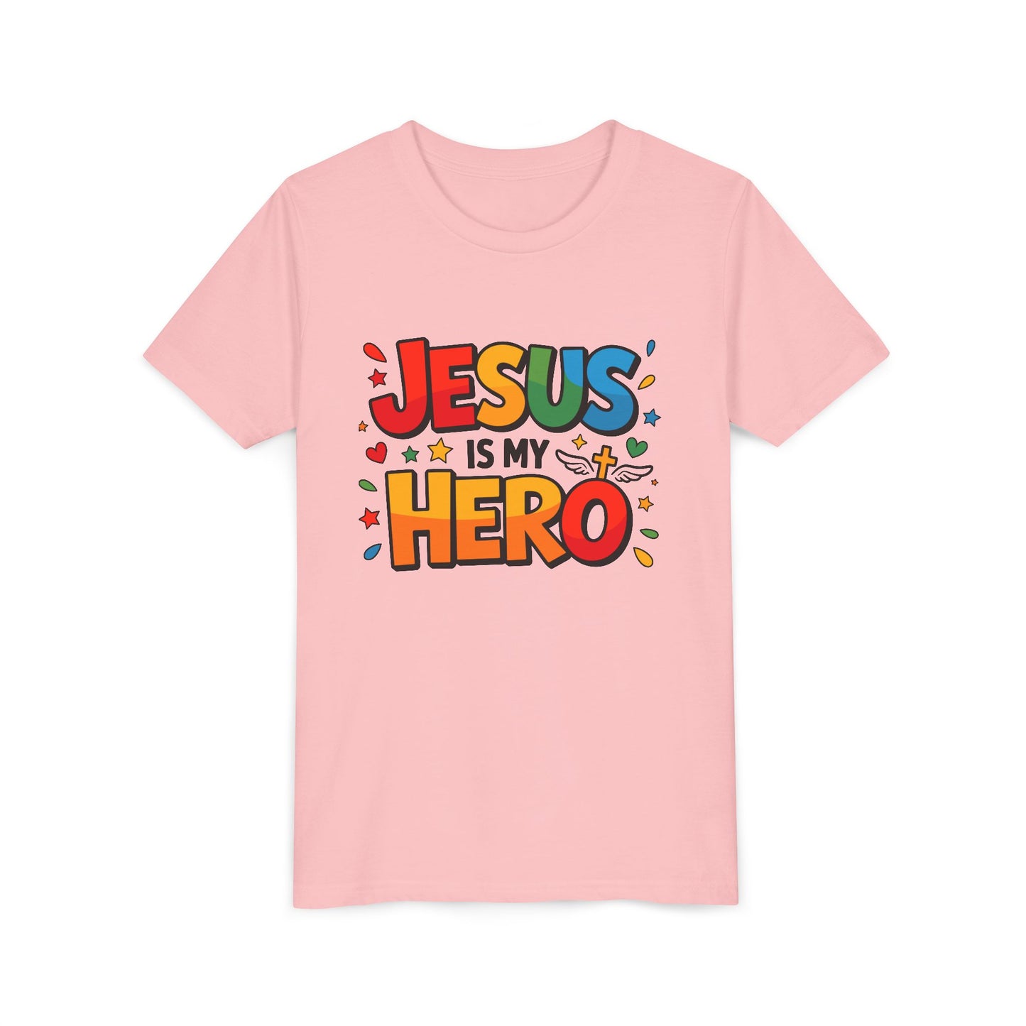 Youth Tee — "Jesus Is My Hero" Colorful Kids Christian T-Shirt