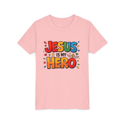 Youth Tee — "Jesus Is My Hero" Colorful Kids Christian T-Shirt