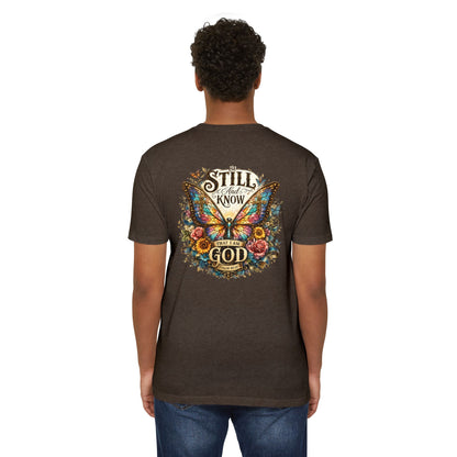 Christian Butterfly T-Shirt — "Be Still and Know That I Am God" Inspirational Tee