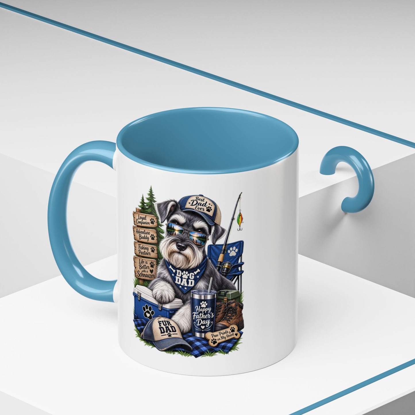 Schnauzer Dad Accent Coffee Mug – "Dog Dad" Camping Paw Print Design (11/15oz)