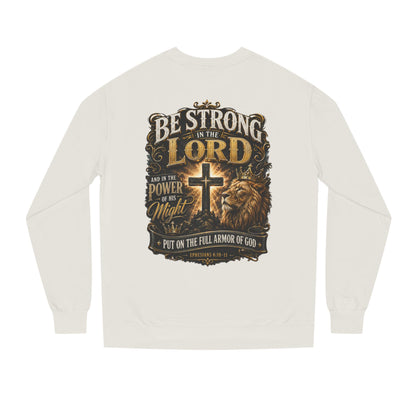 Christian Crewneck Sweatshirt — “Be Strong in the Lord” Cross & Lion Faith Pullover