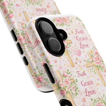 Christian Floral Cross Phone Case — "Faith Grace Love" Tough Magnetic Case