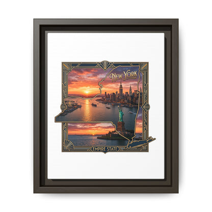 Framed Matte Canvas Wall Art — New York City Sunset Skyline with Statue of Liberty