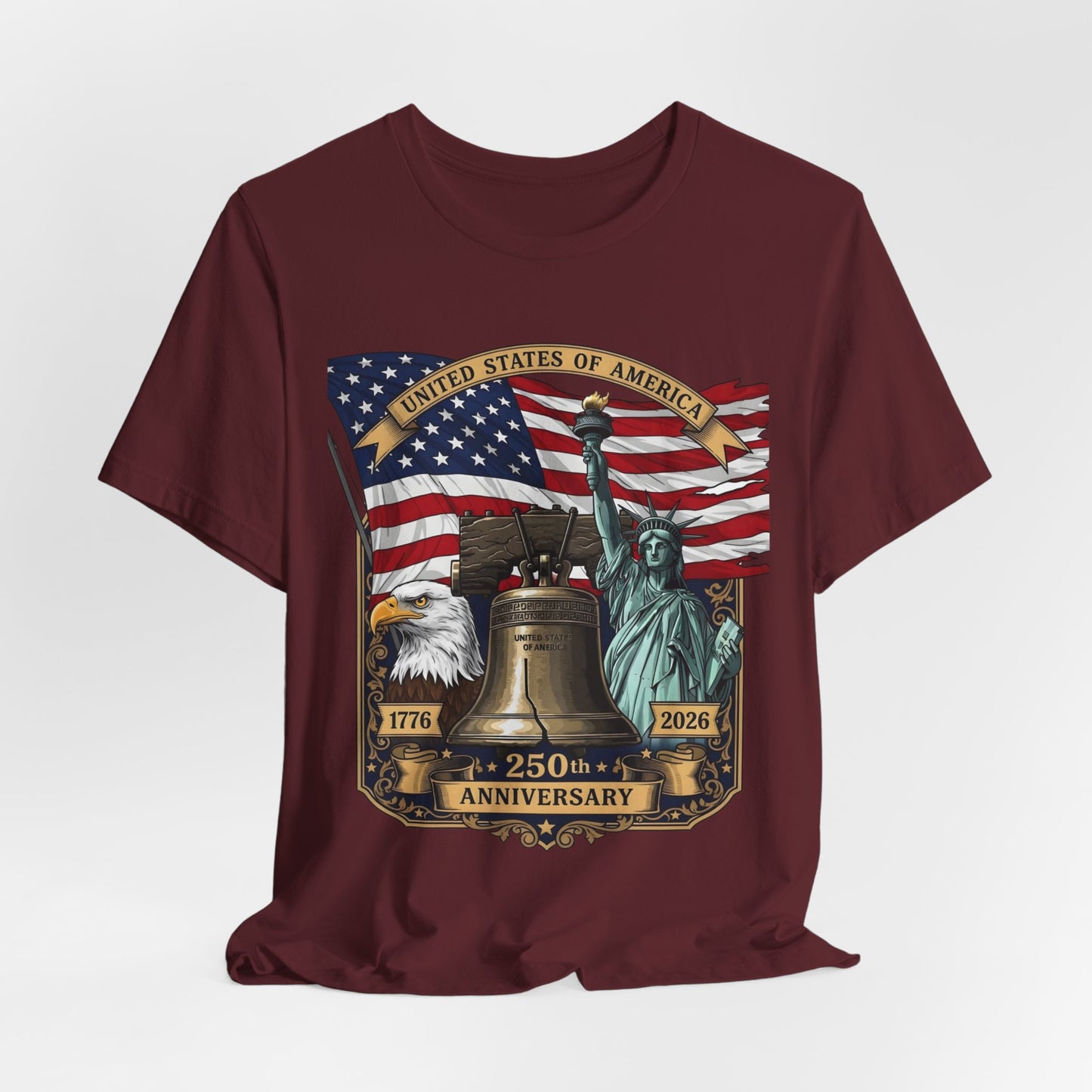 Patriotic 250th Anniversary T-Shirt - Liberty Bell, Bald Eagle & Statue of Liberty