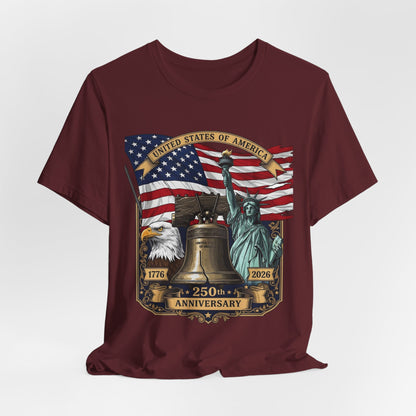 Patriotic 250th Anniversary T-Shirt - Liberty Bell, Bald Eagle & Statue of Liberty