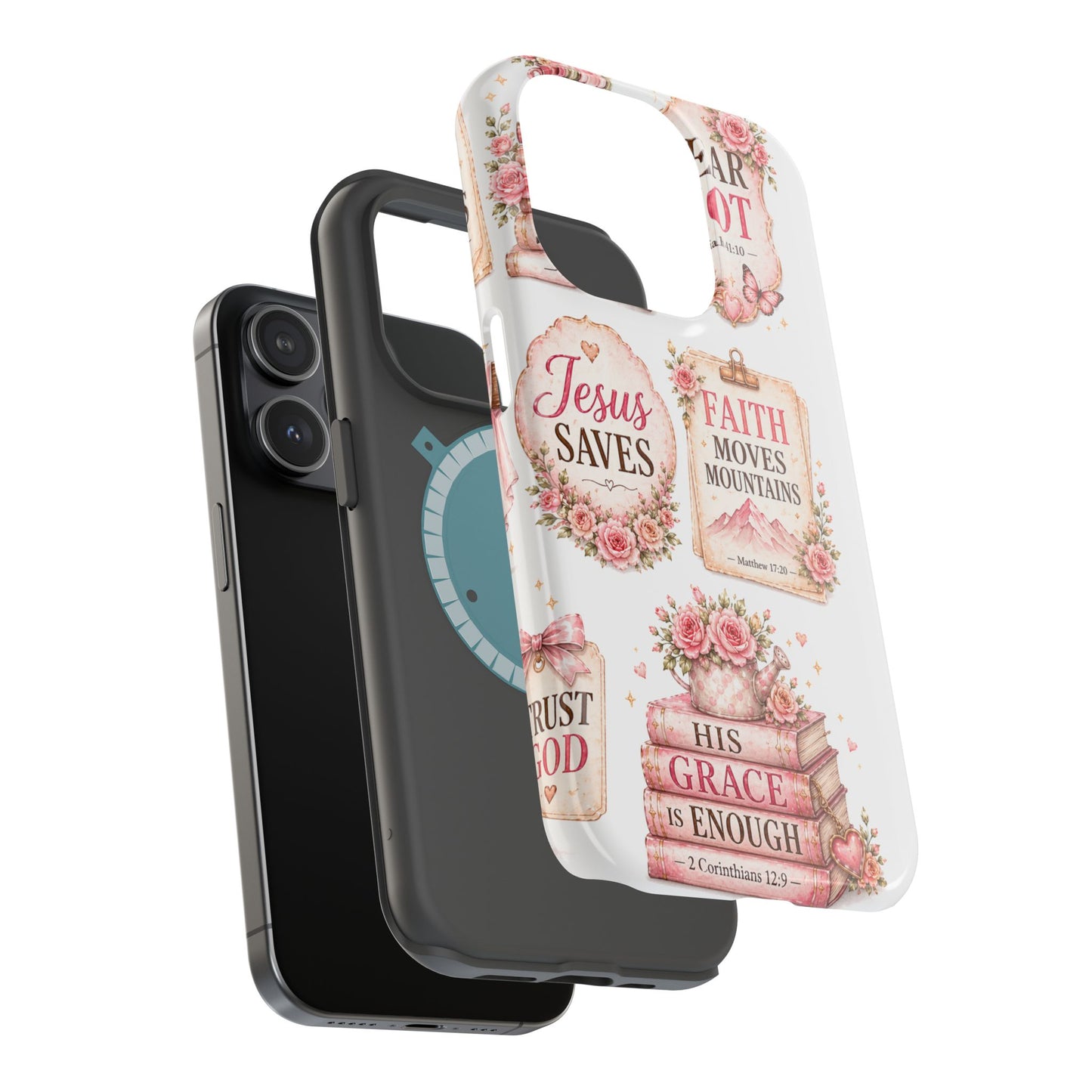 Christian Phone Case - "Fear Not, Faith Moves Mountains, Jesus Saves" Floral Magnetic Impact-Resistant Case