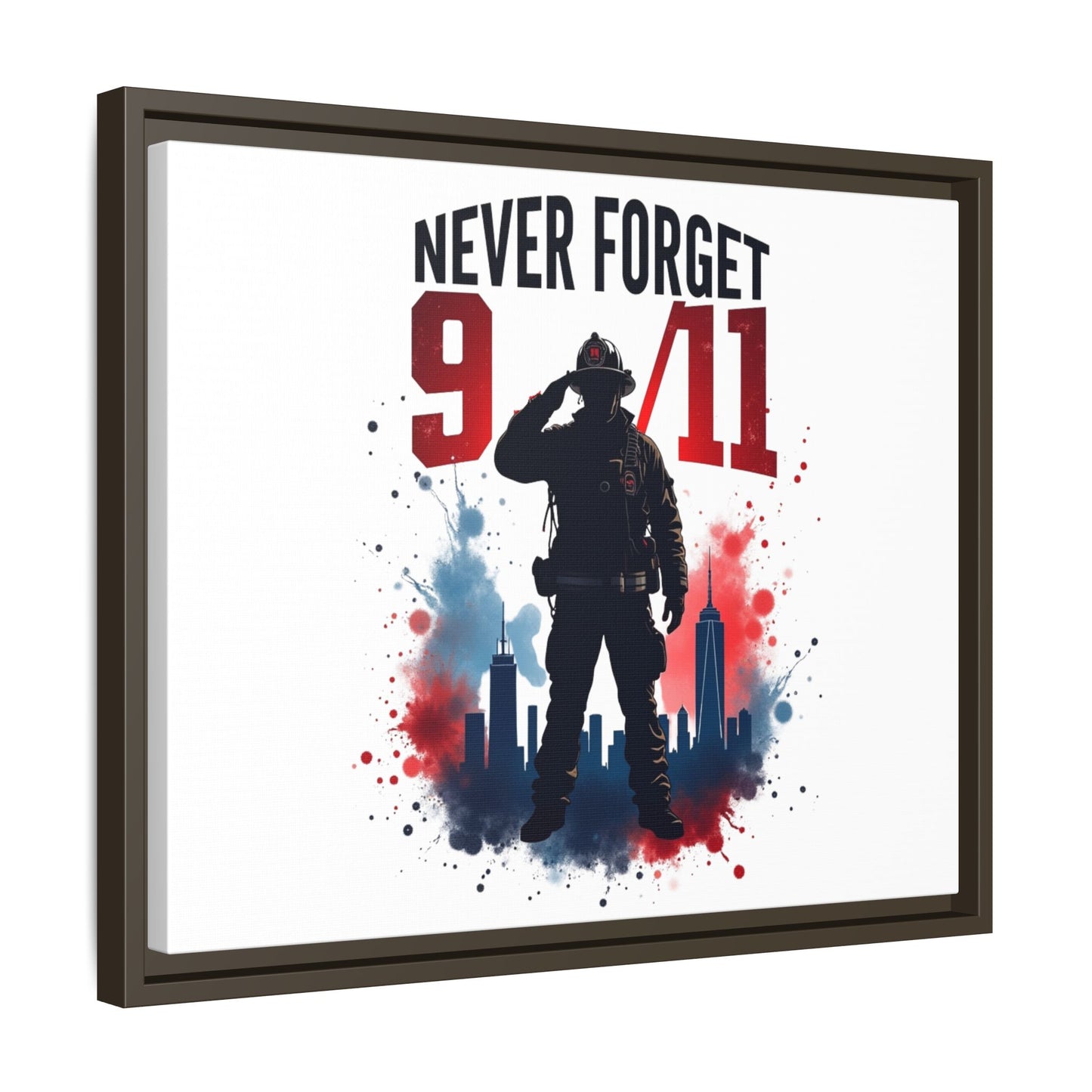 Never Forget 9/11 Framed Canvas Print — Patriotic Firefighter Memorial Art