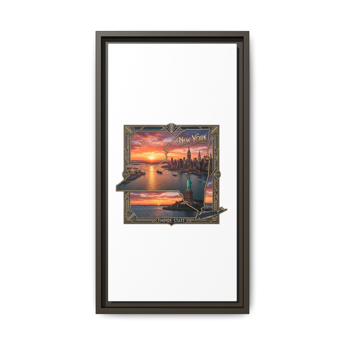 Framed Matte Canvas Wall Art — New York City Sunset Skyline with Statue of Liberty