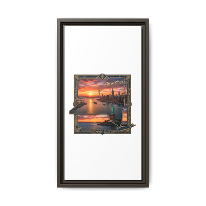 Framed Matte Canvas Wall Art — New York City Sunset Skyline with Statue of Liberty