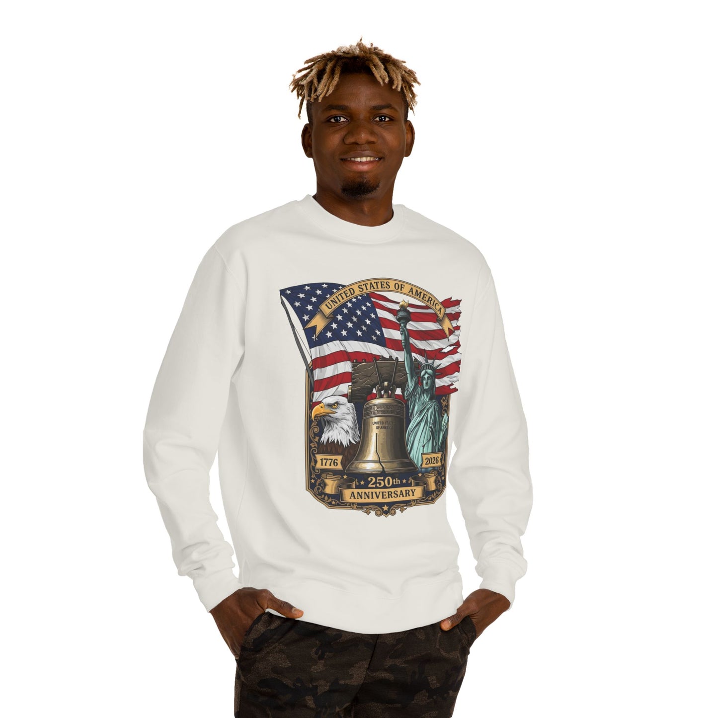 Liberty 250th Anniversary Sweatshirt — USA Flag, Statue of Liberty & Liberty Bell Design