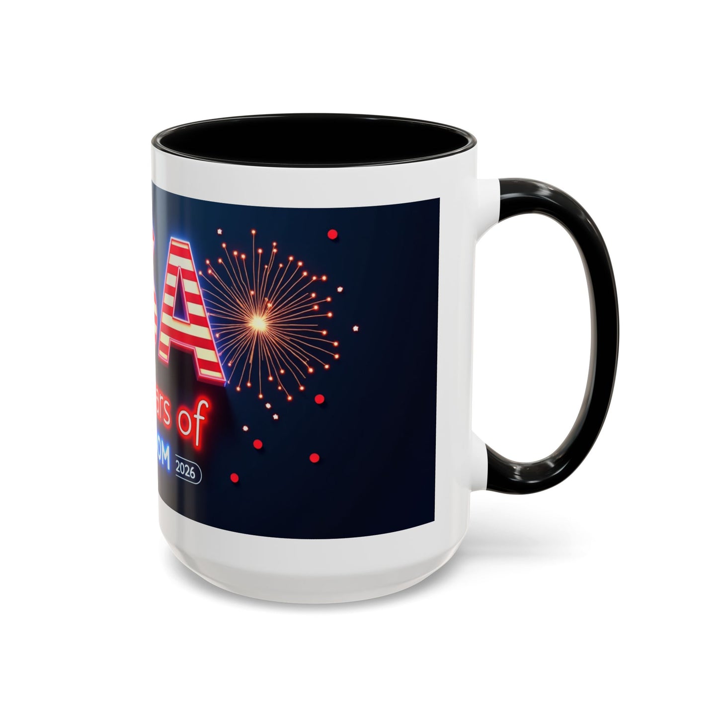 USA 250 Years of Freedom Accent Coffee Mug — Patriotic 1776–2026 Fireworks Design (11/15oz)