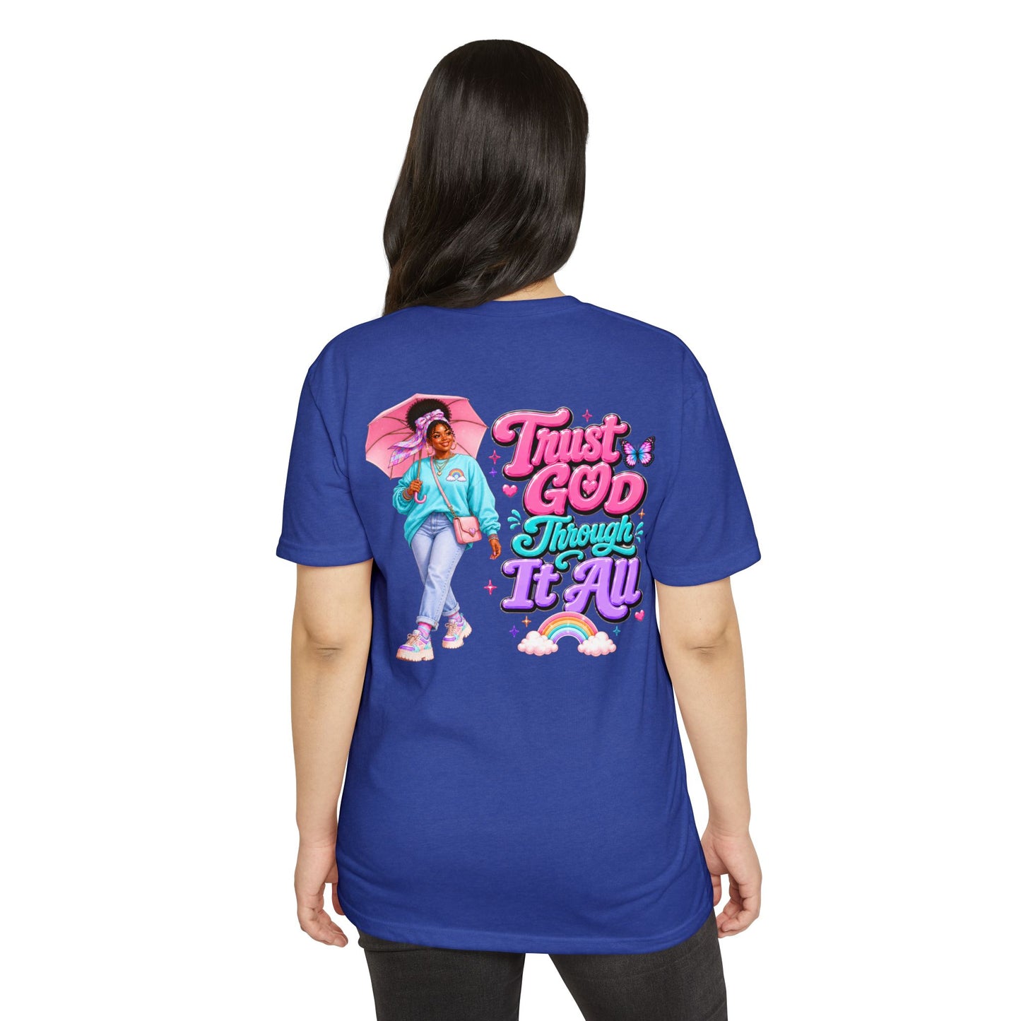 Trust God Through It All T-Shirt — Inspirational Faith Tee with Colorful Girl Illustration