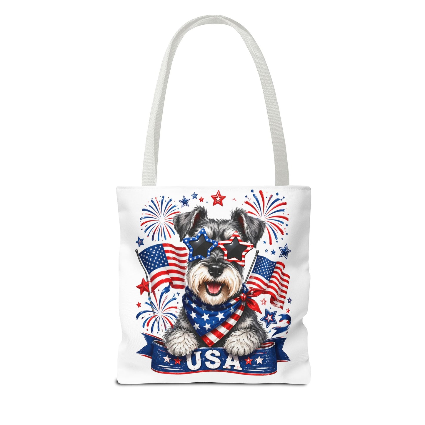 Patriotic Schnauzer Tote Bag — USA Flag Fireworks All-Over Print