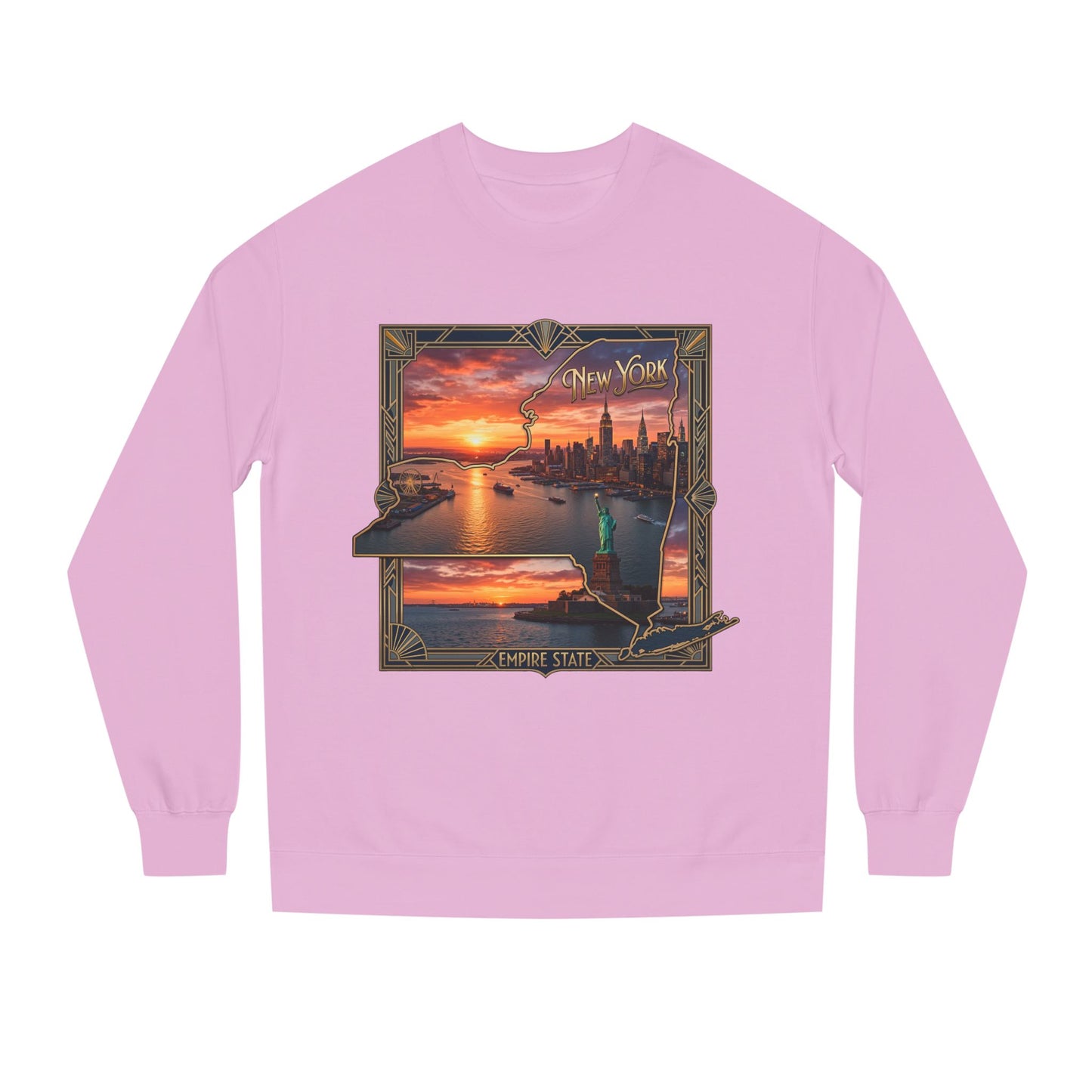 New York Sunset Crewneck Sweatshirt — Statue of Liberty Skyline Graphic