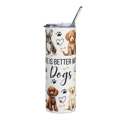 Dog Lover 20oz Stainless Tumbler — "Life Is Better With Dogs" Paw Print Travel Cup