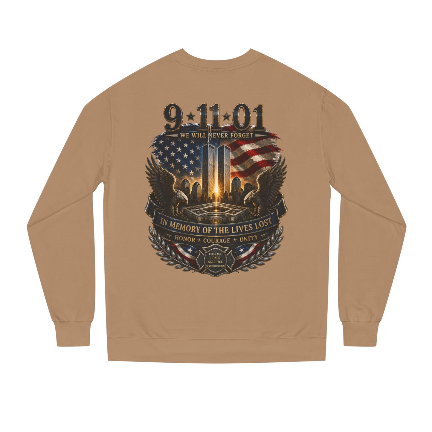 9/11 Memorial Sweatshirt - ‘We Will Never Forget’ Tribute Crewneck with Twin Towers & Flag