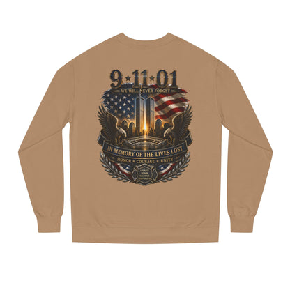 9/11 Memorial Sweatshirt - ‘We Will Never Forget’ Tribute Crewneck with Twin Towers & Flag