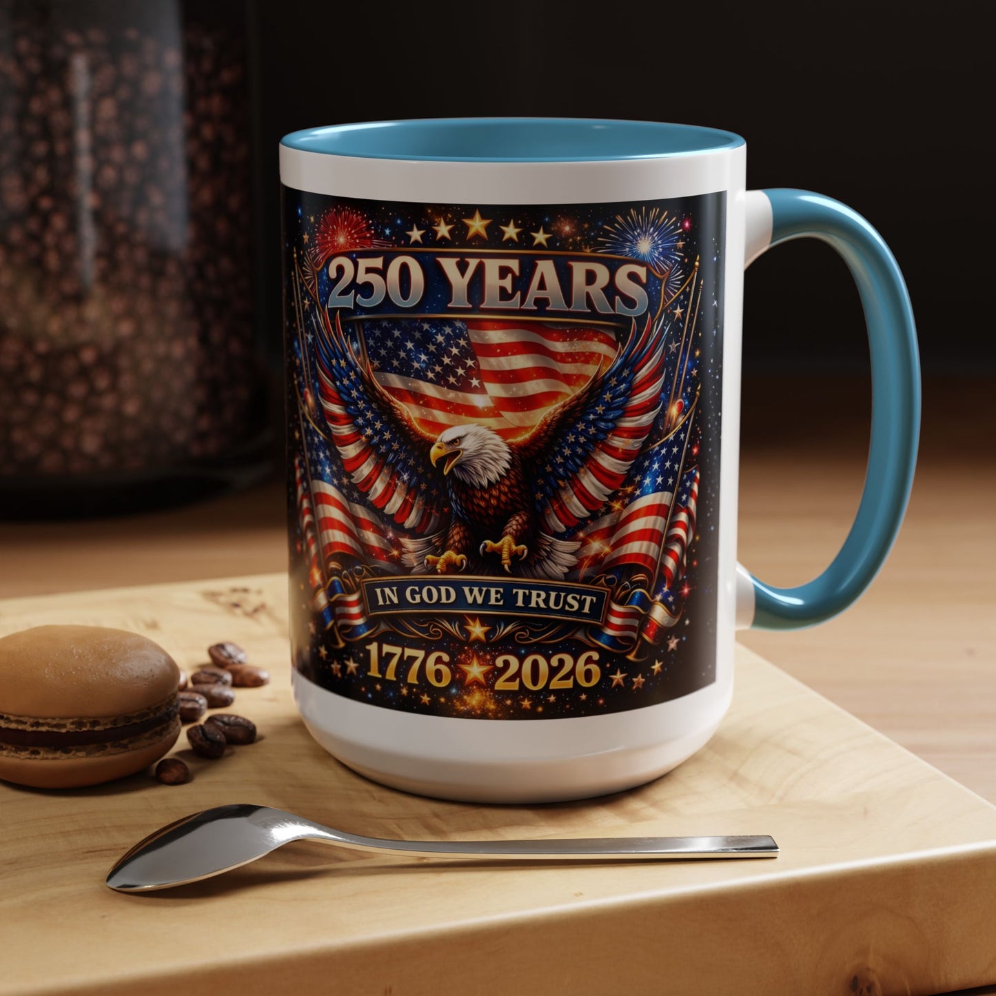 250 Years Patriotic Coffee Mug — In God We Trust 1776–2026