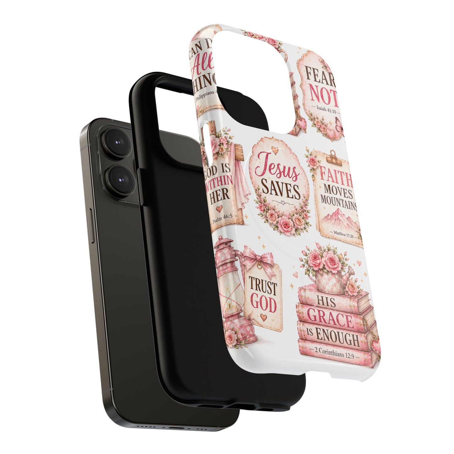 Christian Faith iPhone Tough Magnetic Case — 'Jesus Saves' Floral Scripture Design (Fear Not, Faith Moves Mountains)
