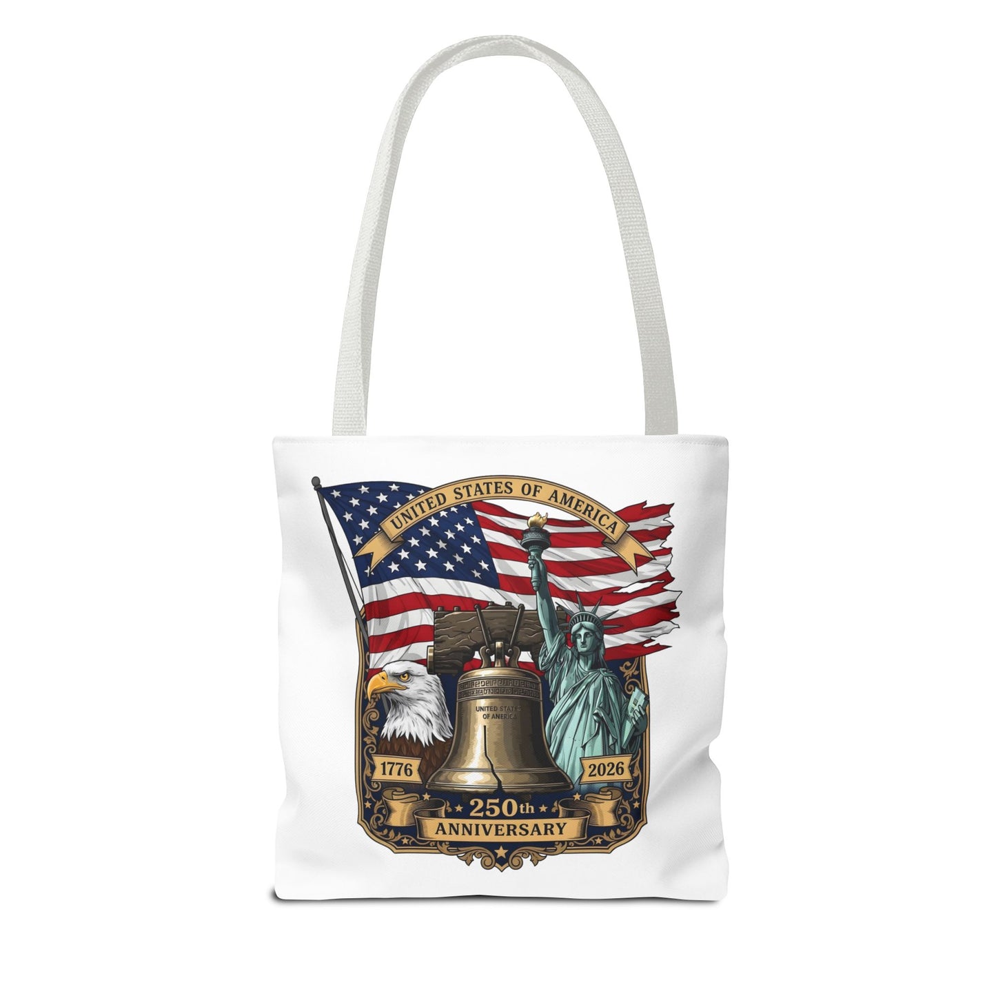 Patriotic 250th Anniversary Tote Bag — USA Flag, Liberty Bell & Eagle Design