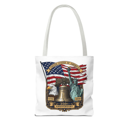 Patriotic 250th Anniversary Tote Bag — USA Flag, Liberty Bell & Eagle Design