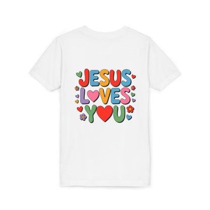 Youth Tee - "Jesus Loves You" Colorful Heart & Flower Christian Shirt