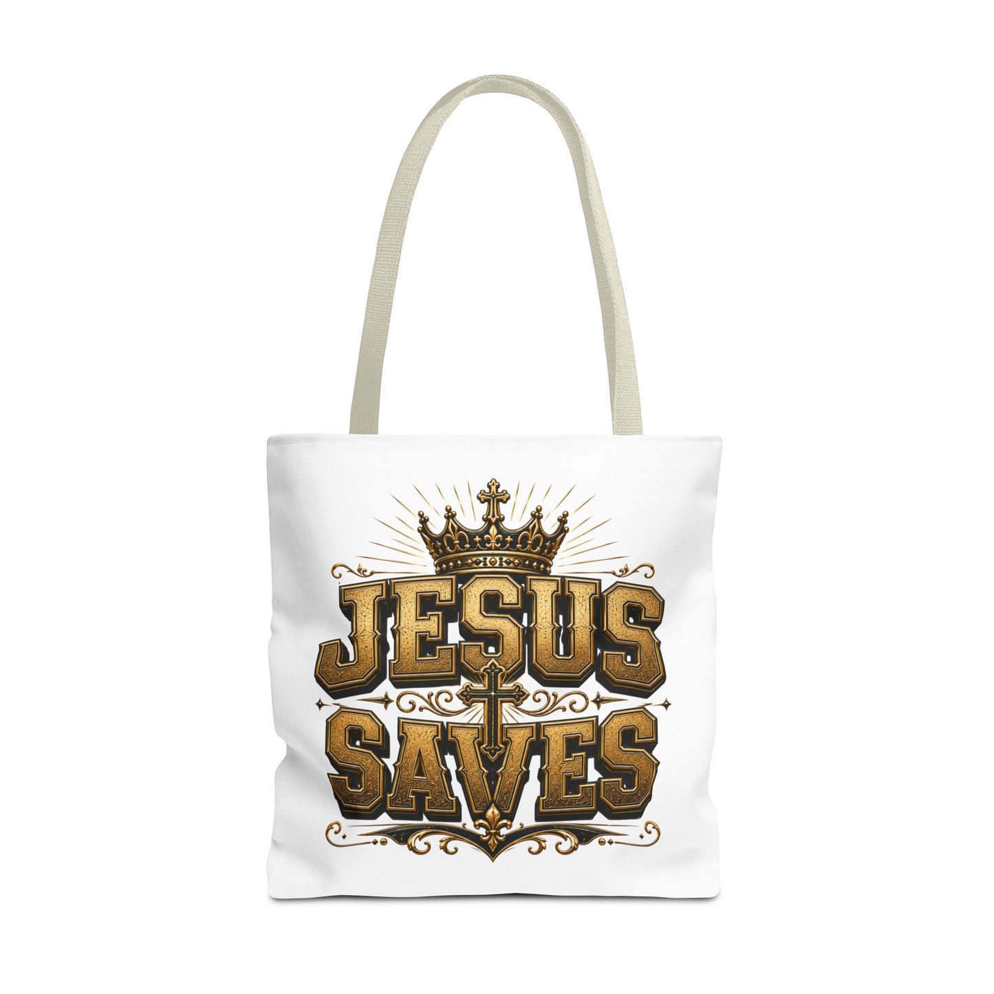 Jesus Saves Tote Bag — Christian Gospel Canvas Carryall with Crown & Cross Design