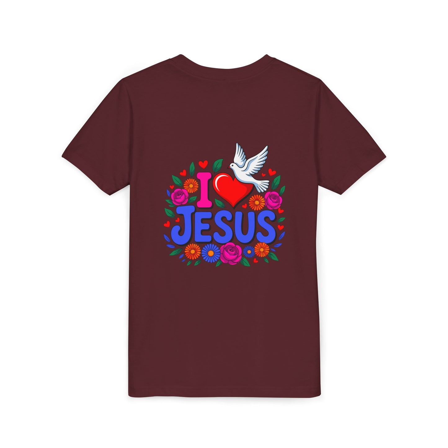 Youth Tee — "I  Jesus" Colorful Dove & Floral Christian Shirt