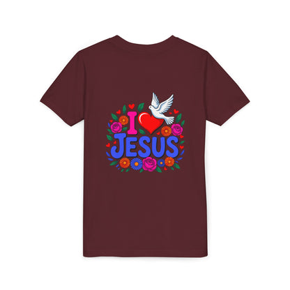 Youth Tee — "I  Jesus" Colorful Dove & Floral Christian Shirt