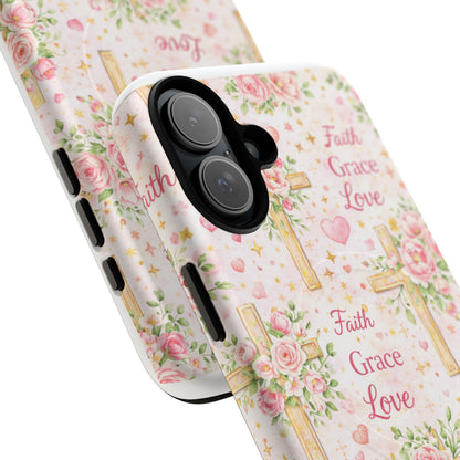 Christian Floral Cross Phone Case — "Faith Grace Love" Tough Magnetic Case