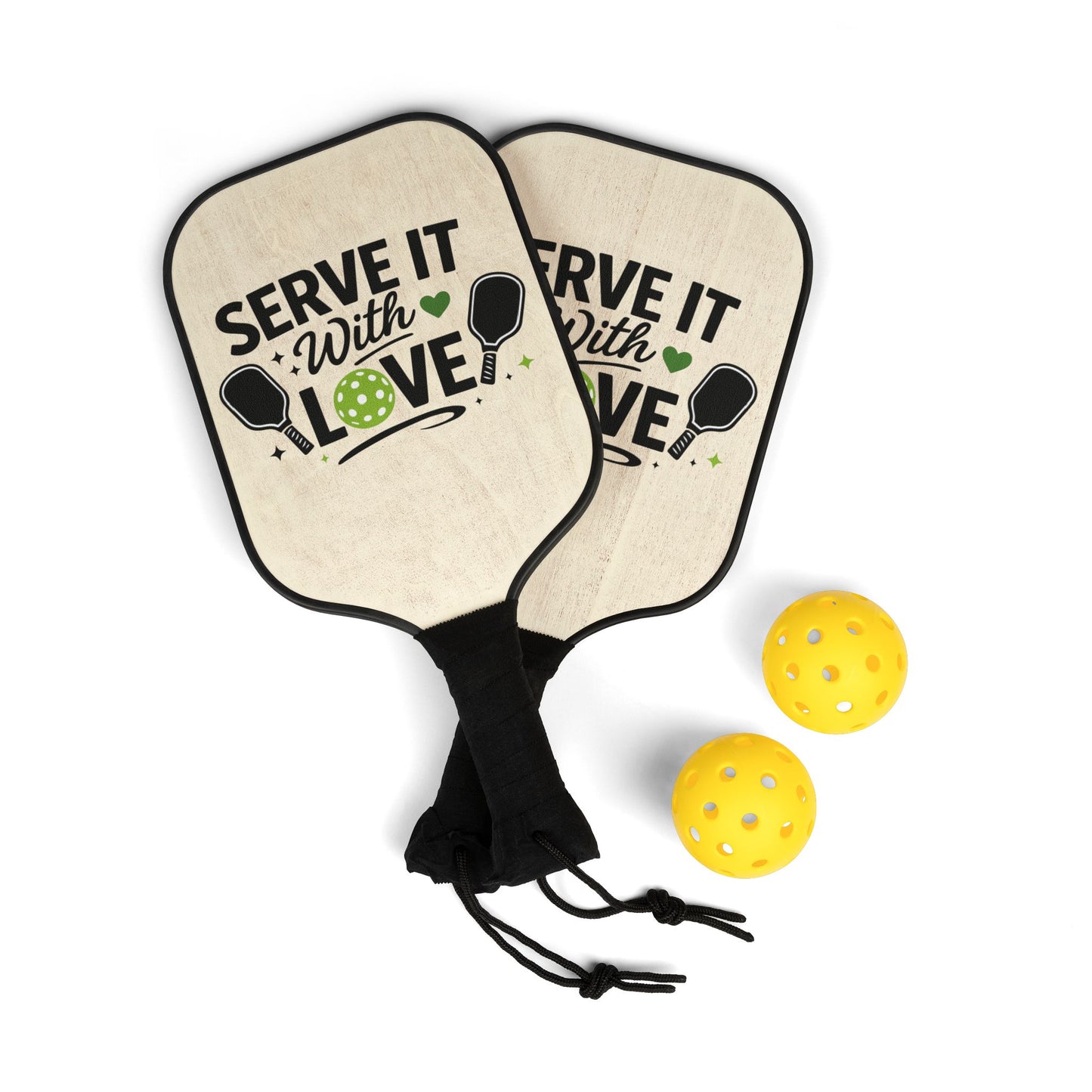 Pickleball Paddle Set - "Serve It With Love" Lightweight Wooden Paddles with Balls