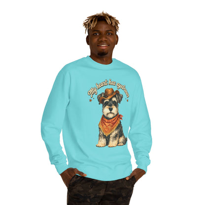 Schnauzer Cowboy Sweatshirt – "My Heart Has Eyeholes" Cute Western Dog Crewneck
