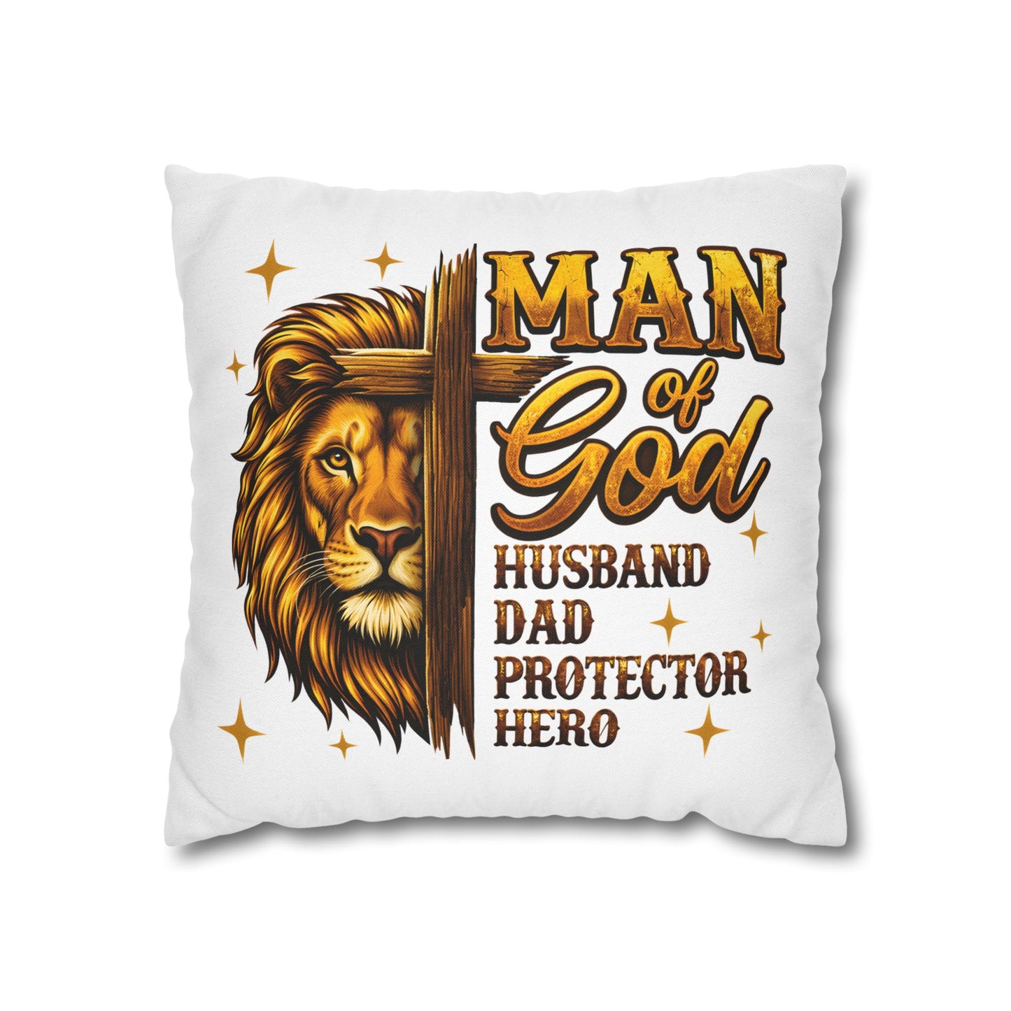 Christian Lion Cross Pillow — "Man of God" Husband Dad Protector Hero Throw Pillowcase