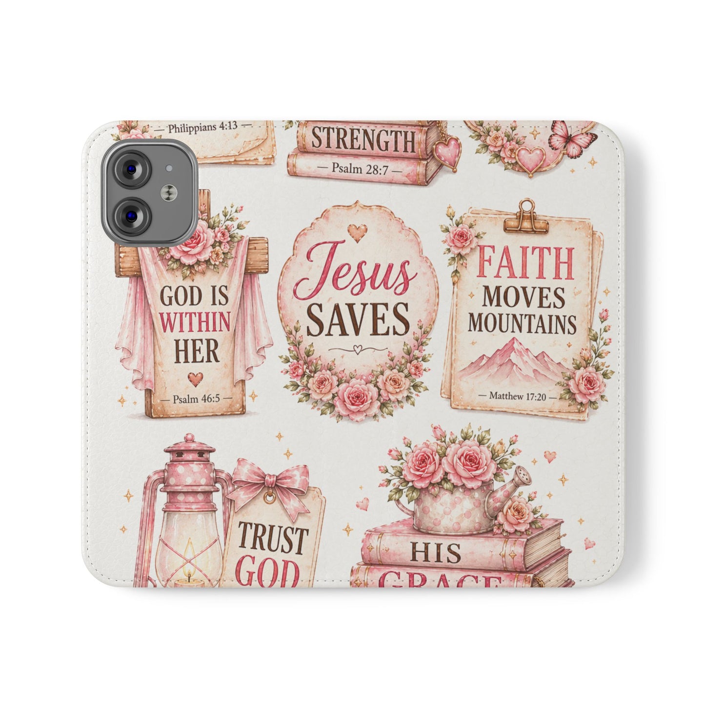 Christian Floral Phone Flip Case — "Jesus Saves" & Inspirational Scripture Wallet Cover