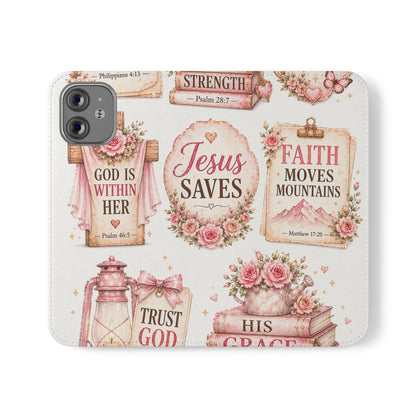 Christian Floral Phone Flip Case — "Jesus Saves" & Inspirational Scripture Wallet Cover