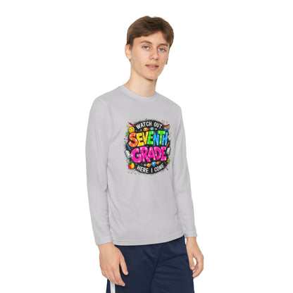 Seventh Grade Youth Long Sleeve Tee — "Watch Out Seventh Grade Here I Come" Back-to-School Shirt