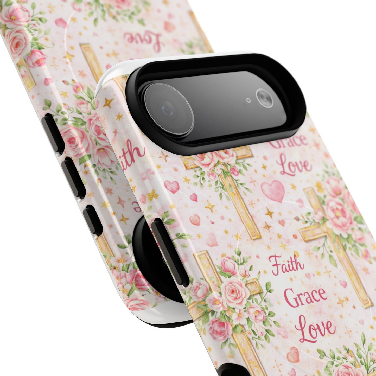 Christian Floral Cross Phone Case — "Faith Grace Love" Tough Magnetic Case