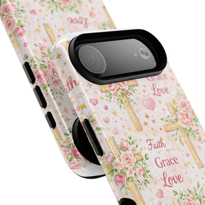 Christian Floral Cross Phone Case — "Faith Grace Love" Tough Magnetic Case